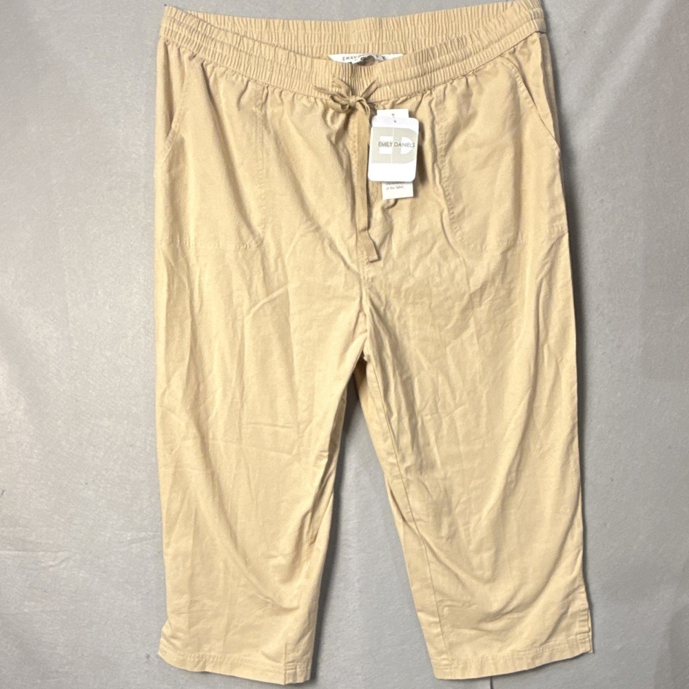 Emily Daniels Women's Beige Cotton Capri Pants XL Drawstring Pockets